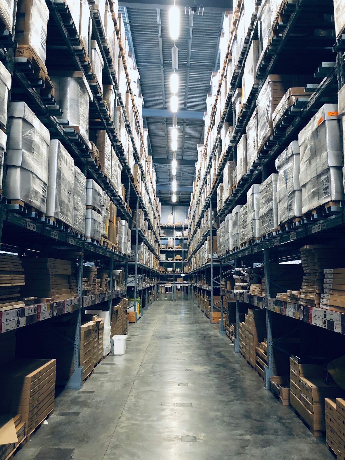 Stocked warehouse aisle for wholesale and retail trade